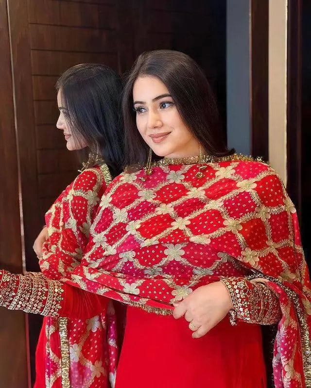 Stunning Red Embroidered Suit Set with Beautiful Patola Printed Dupatta