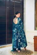 Stunning Blue Muslin Suit Set with Two Shaded Dupatta and Lace Details