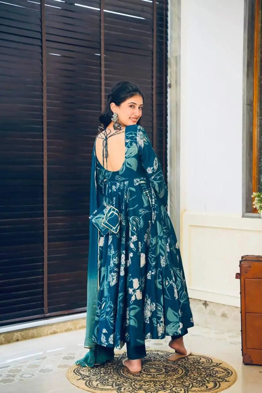 Stunning Blue Muslin Suit Set with Two Shaded Dupatta and Lace Details