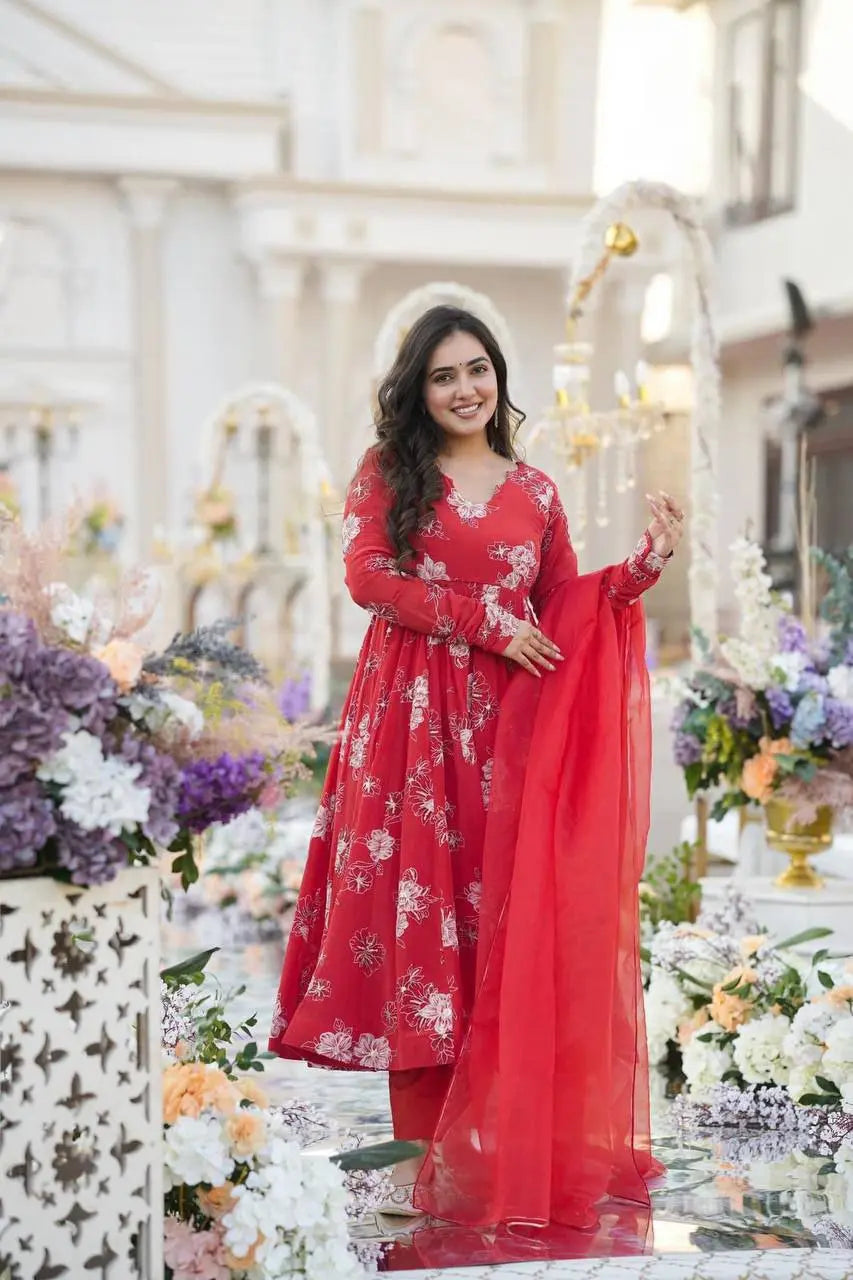 Red Georgette Suit with Dupatta – Premium festive wear with fine embroidery and a comfortable fit.