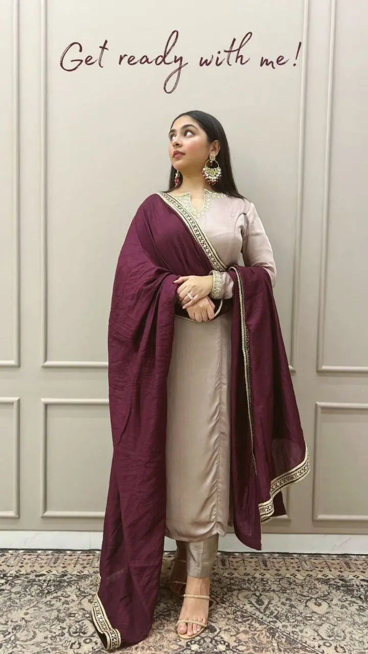 New Roman Fabric Suit Set – Elegant Embroidered Women's Ethnic Wear NextBuy