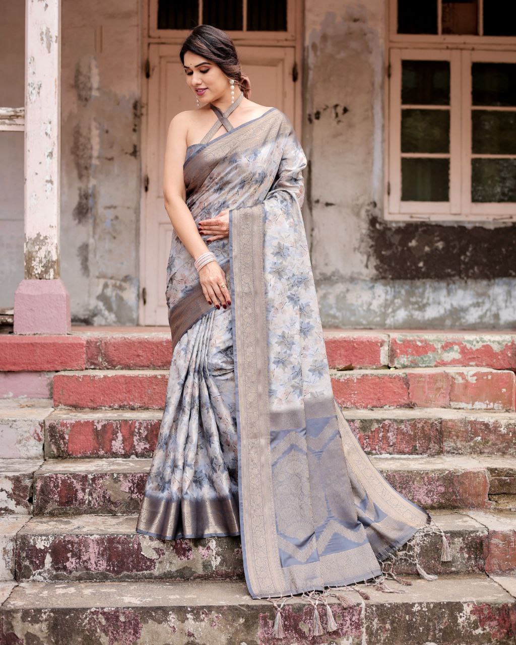 Elegant Banarasi Digital Printed Silk Saree – Charcoal Grey | Wedding & Party Wear NextBuy