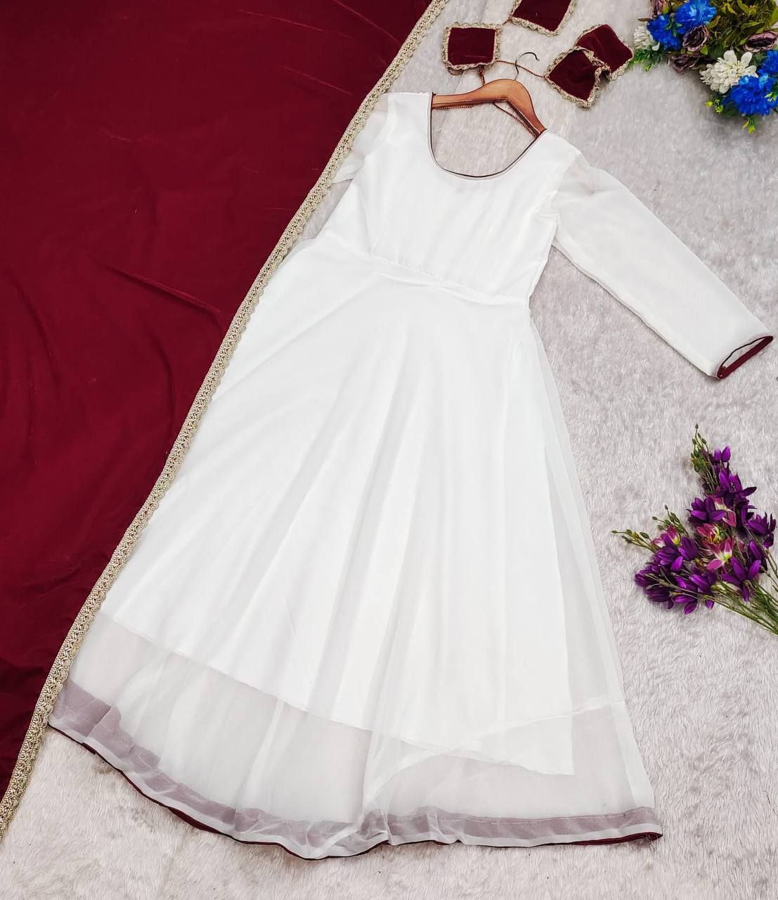 Elegant White Anarkali Suit with Velvet Dupatta – Premium Ethnic Wear NextBuy