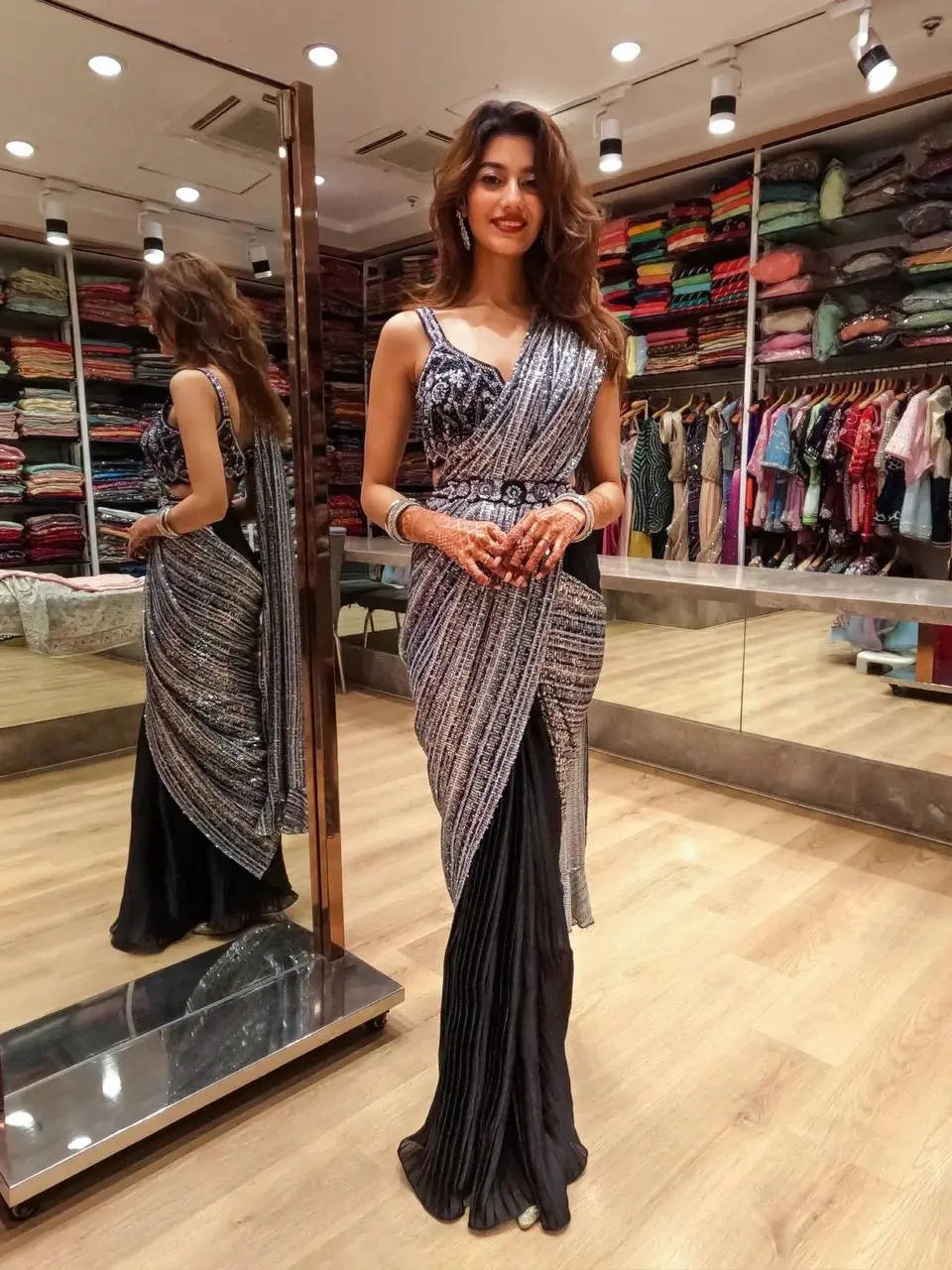 HEAVY SABURI SILK WITH HALF BLOOMING AND HALF PRINT SEQUENCE EMBROIDERY WORK - NextBuy