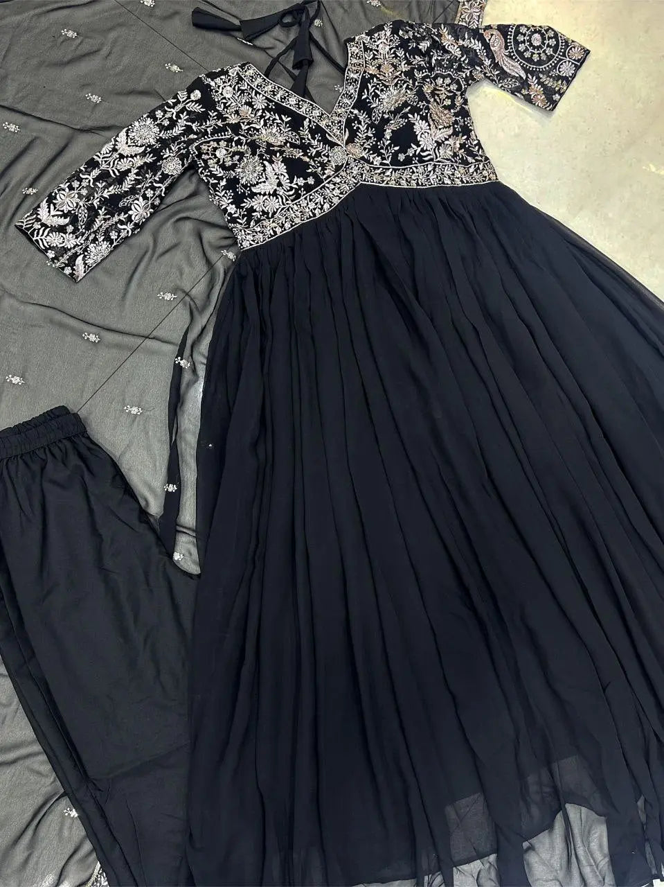 Black Embroidery Gown With Dupatta And Pant NextBuy