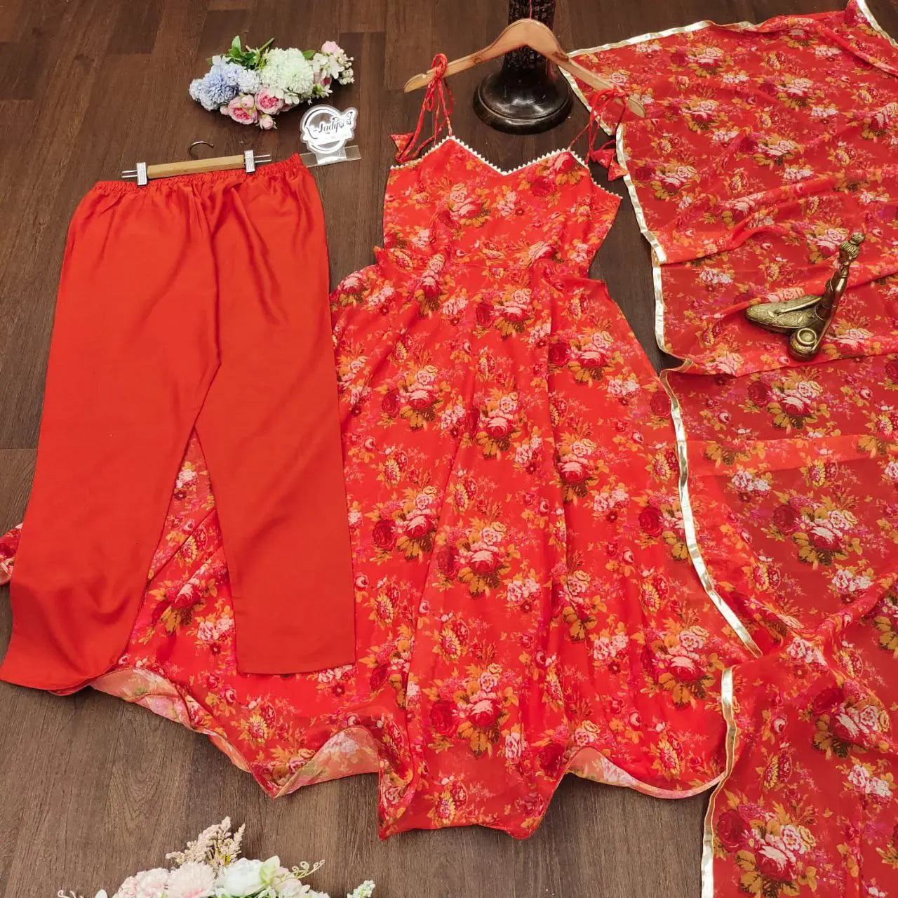 Women Orange Floral Printed Kurta with Trousers & With Dupatta NextBuy