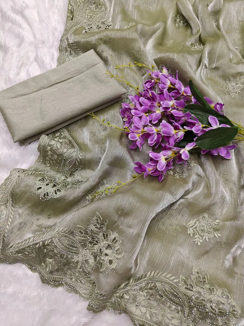 Burberry Silk Saree With Embroidery Cutwork and Stone Work Indian Party Saree NextBuy