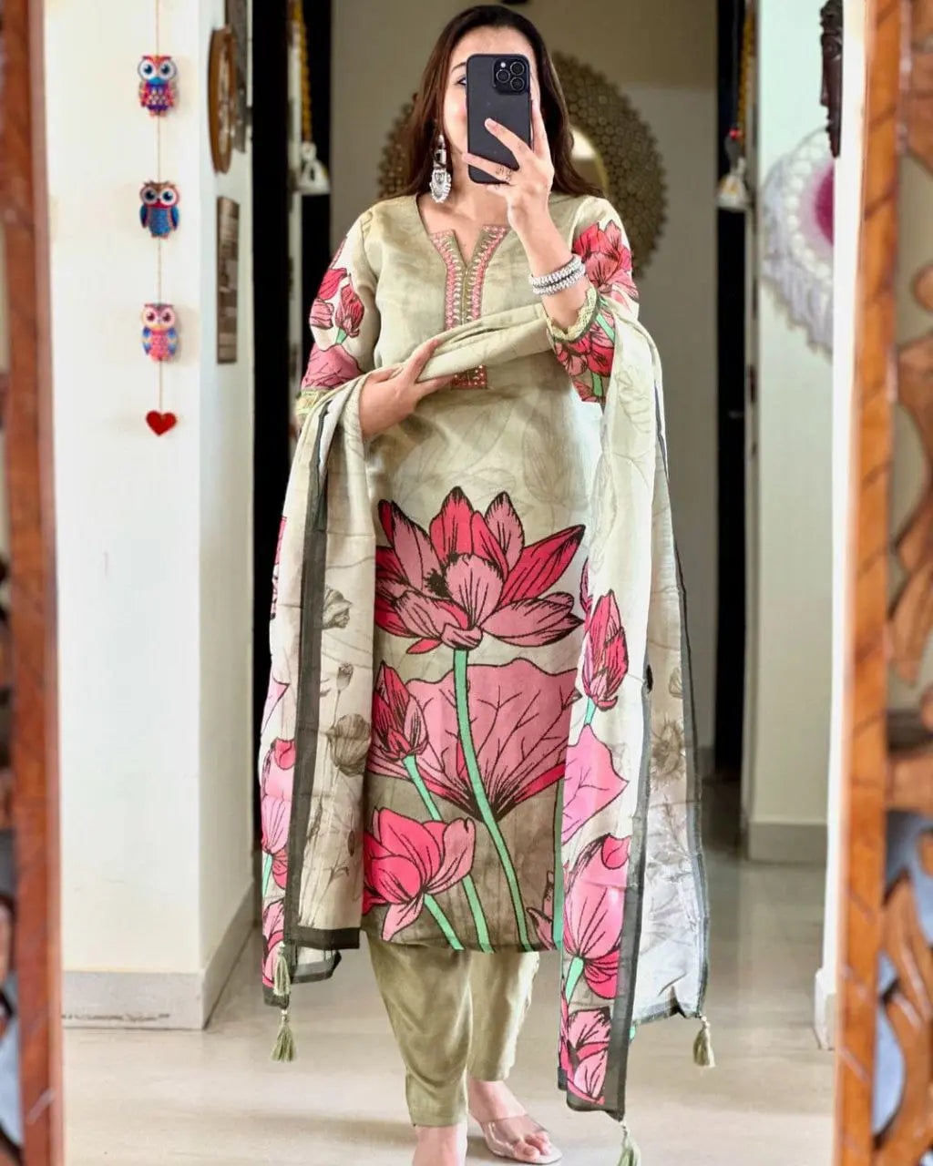 Women Floral Straight Mirror Worked Kurta Pants Set with Dupatta NextBuy
