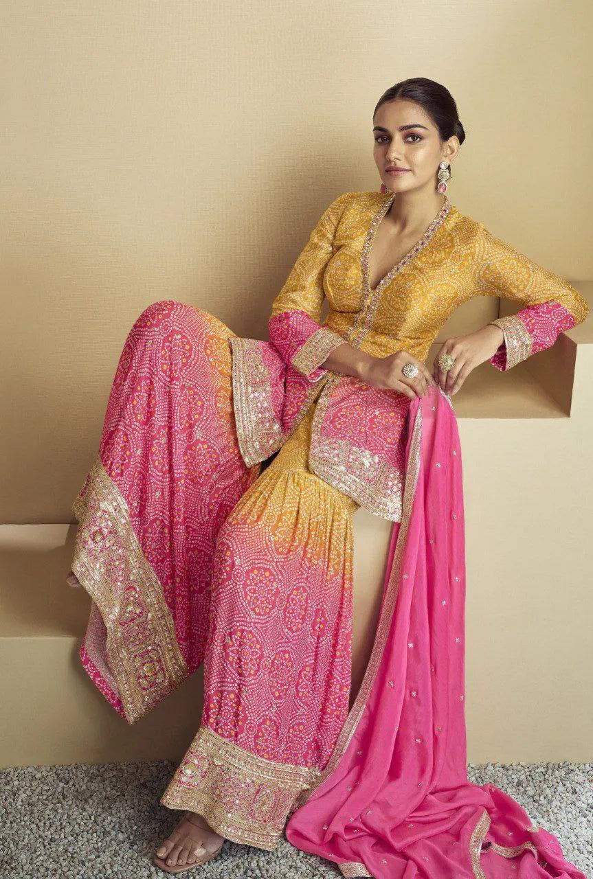 Haldi Wear Shaded Silk Bandhej Indian Fashion Stitched Gharara Suit NextBuy