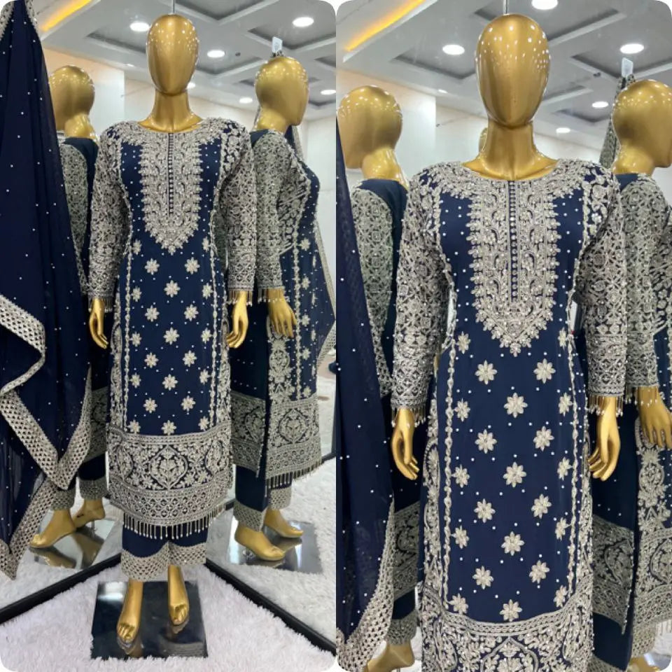 New Collection In Faux Georgette With Heavy Embroidery Sequence Work Top-Bottom And Dupatta Set NextBuy