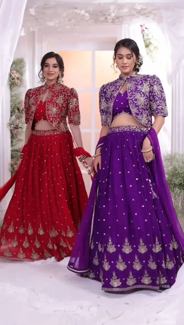 Designer Wedding Wear Crop Top Embroidery Work Lehenga Choli With Jacket (2 Colors) NextBuy