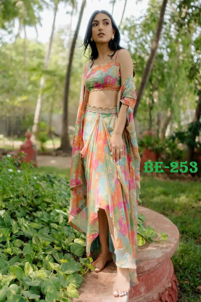 DESIGNER FANCY WESTERN STYLE CREAP SILK PRINTED AND PAN MIROR WORK KOTI, BLOUSE WITH WESTERN BOTTOM NextBuy
