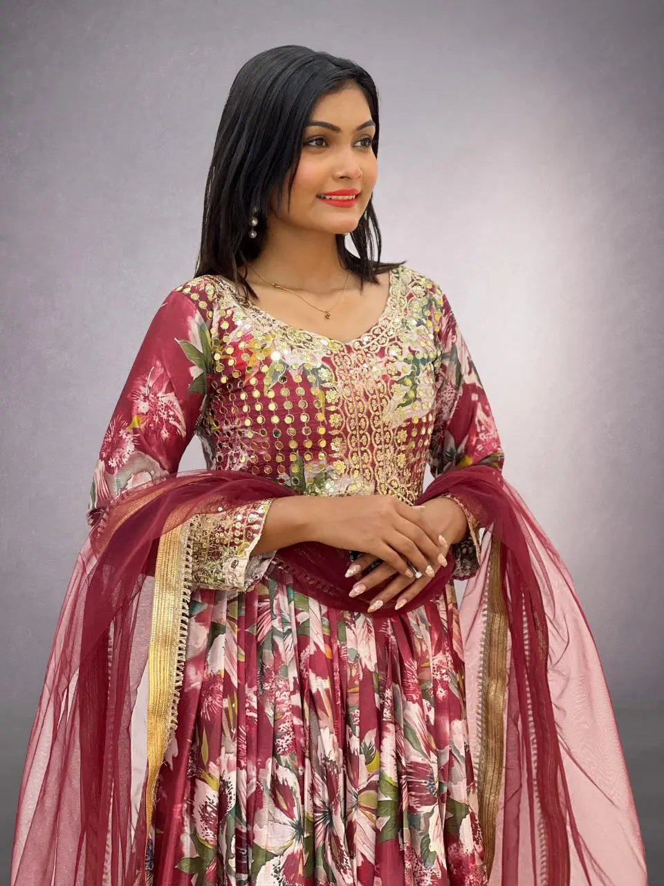 Elegant 3-Piece Gown Set with Dupatta & Bottom - Premium Chinon Silk with Embroidery Work NextBuy