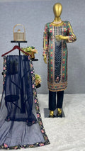Heavy butterfly net dupatta with digital print lace border and mirror handwork.