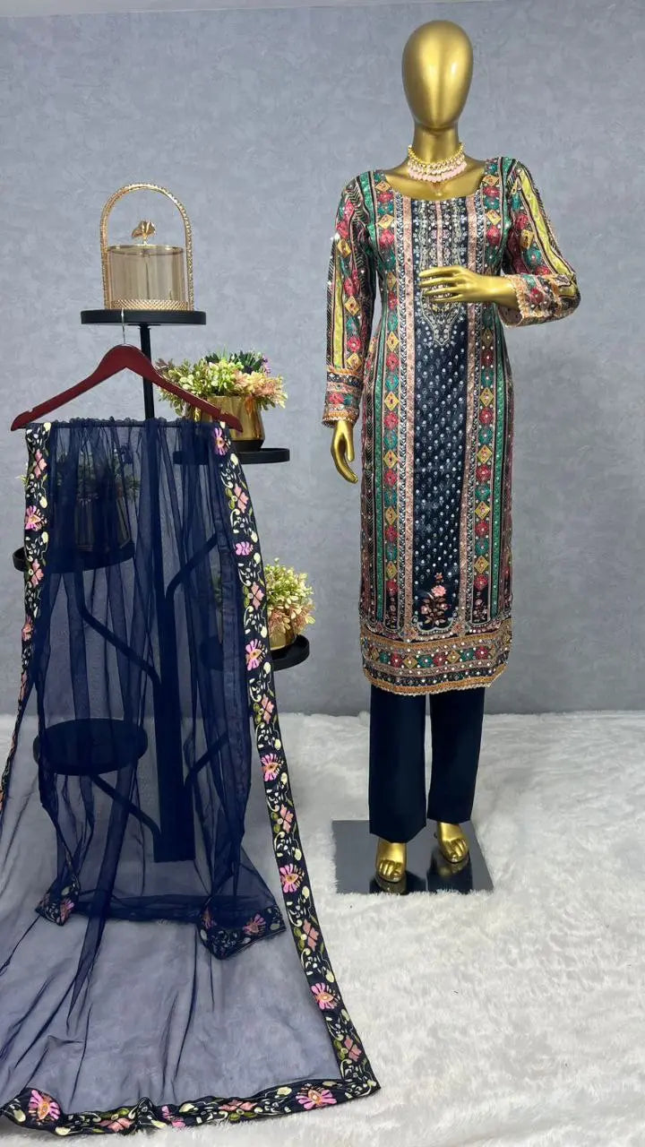 Heavy butterfly net dupatta with digital print lace border and mirror handwork.