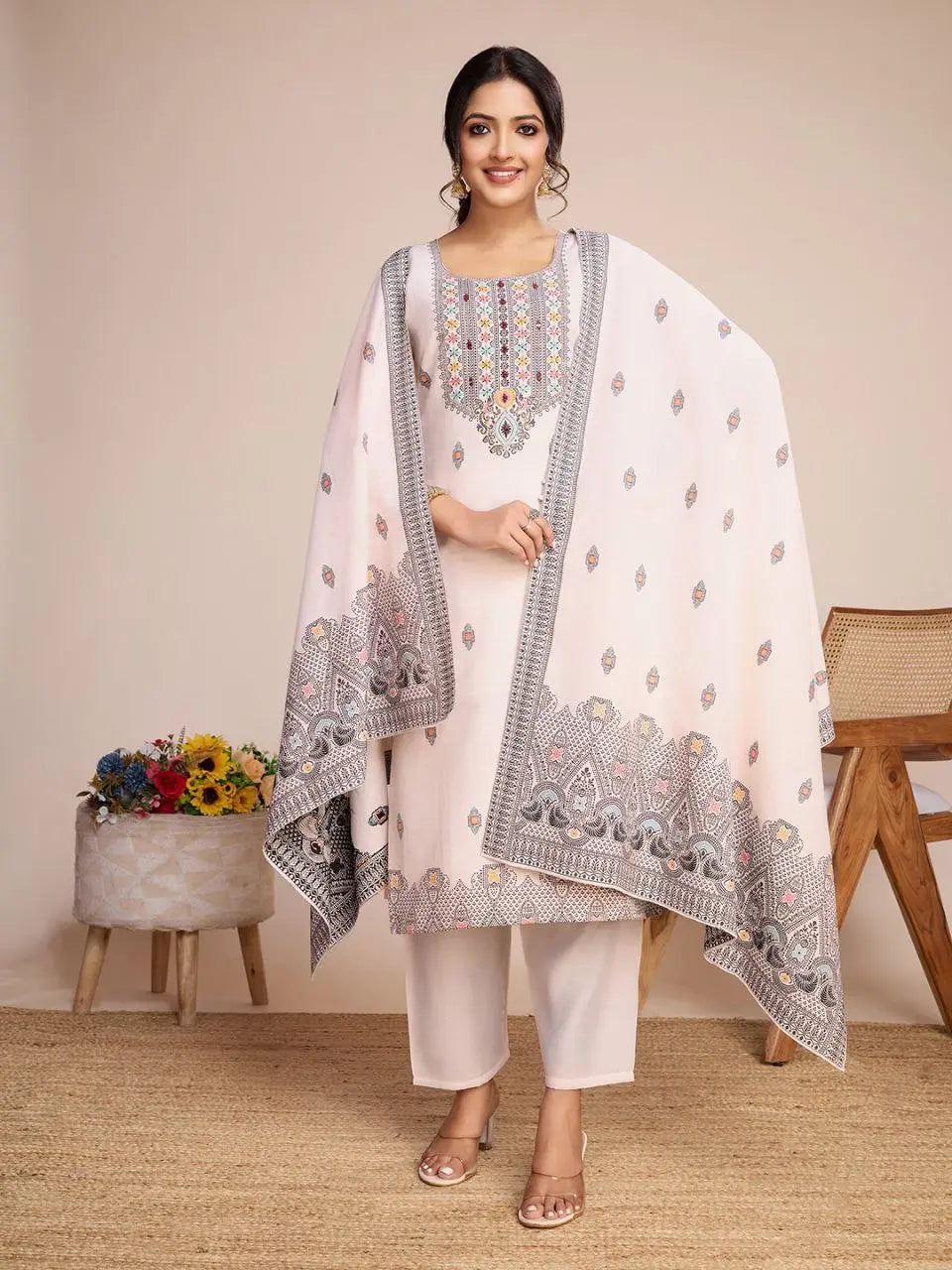 Elegant Mirror Work Kurti Set in Pure Cotton with Jacquard Detailing