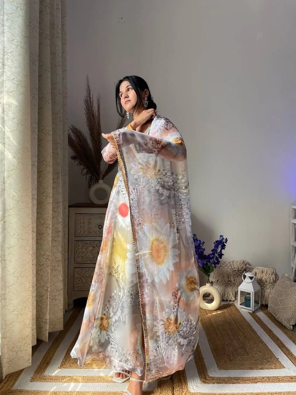 Organza Taby Silk Gown with Dupatta Featuring Golden Gotta Lace Border