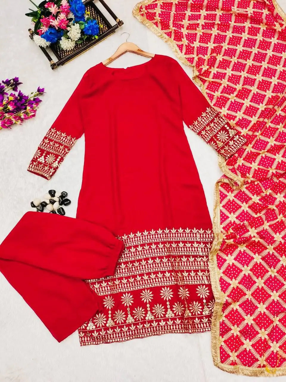 Valentine Special Red Embroidered Suit Set with Patola Dupatta for Women