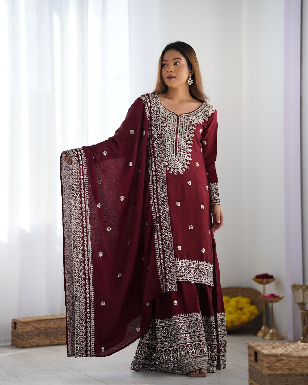 Chinnon Silk Embroidered Top with Sharara Plazo and Dupatta – Women’s Ethnic Set NextBuy