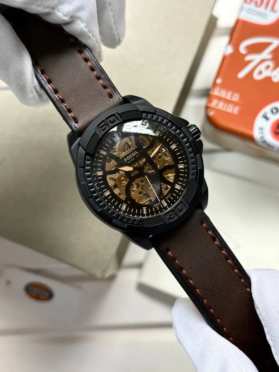 Fossil Men's Leather Strap Automatic Watch – A premium 7AAA automatic watch with a distinctive skeleton dial and brown leather strap, designed for luxury and functionality.