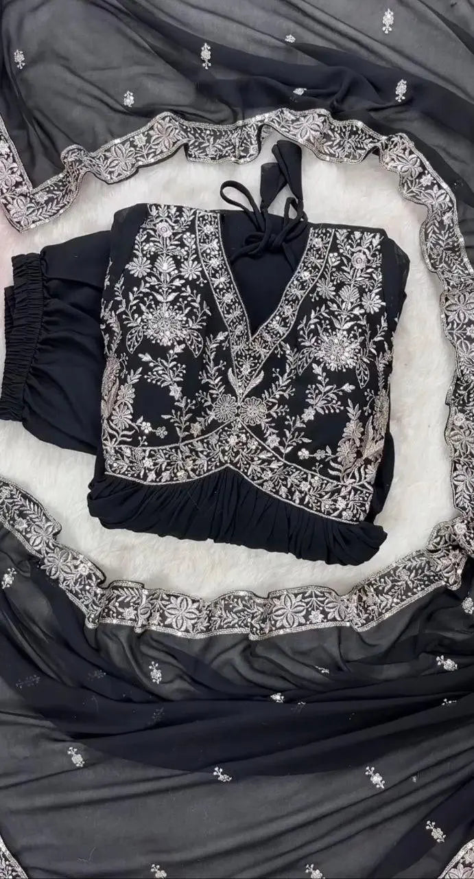 Black Embroidery Gown With Dupatta And Pant NextBuy