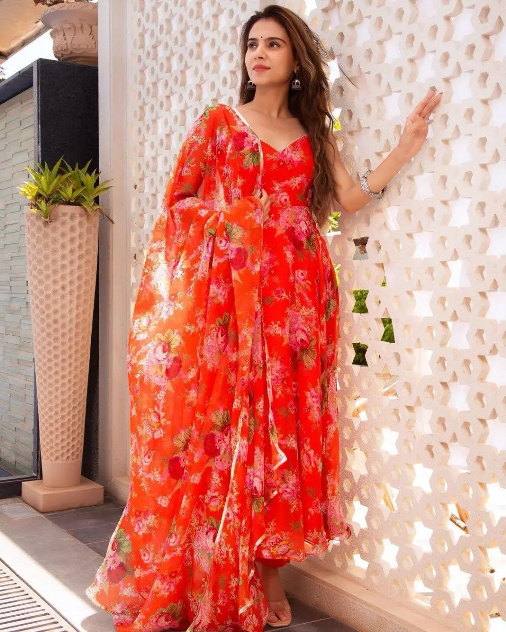 Women Orange Floral Printed Kurta with Trousers & With Dupatta NextBuy