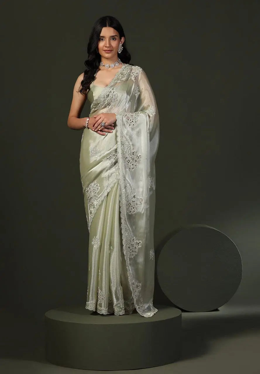 Burberry Silk Saree With Embroidery Cutwork and Stone Work Indian Party Saree NextBuy