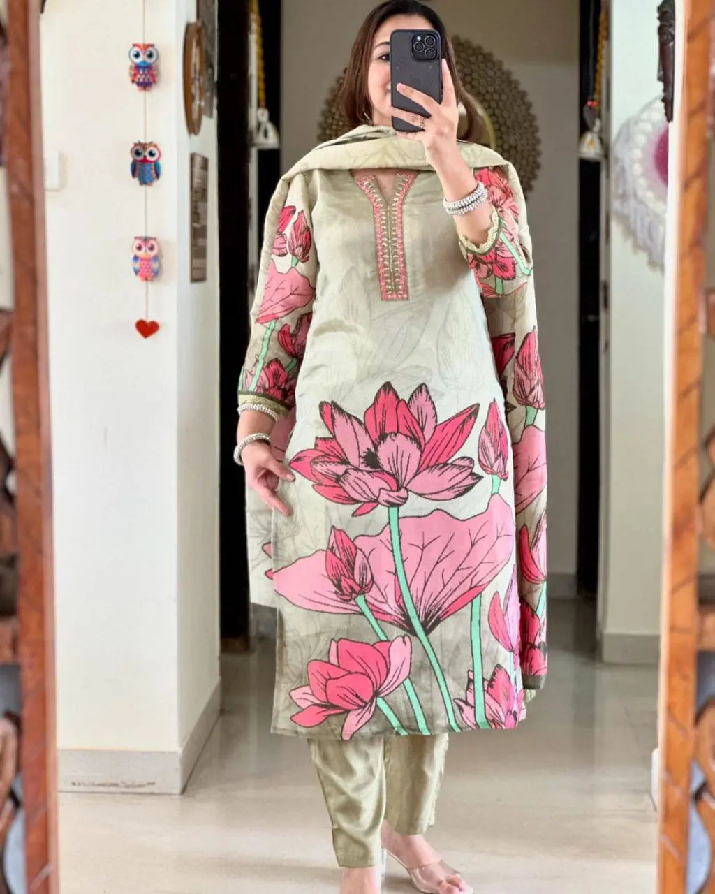 Women Floral Straight Mirror Worked Kurta Pants Set with Dupatta NextBuy