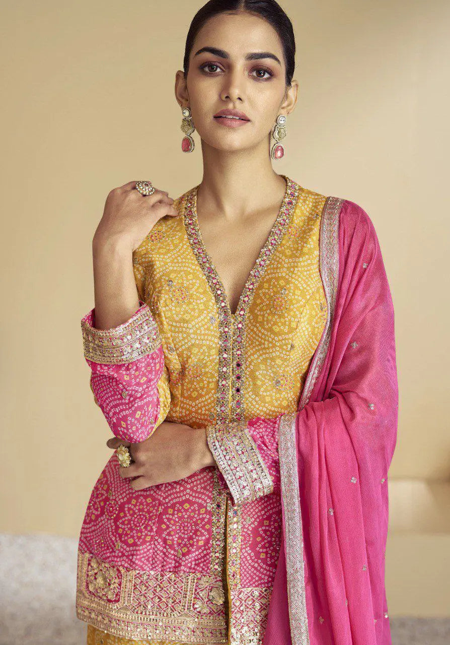 Haldi Wear Shaded Silk Bandhej Indian Fashion Stitched Gharara Suit NextBuy