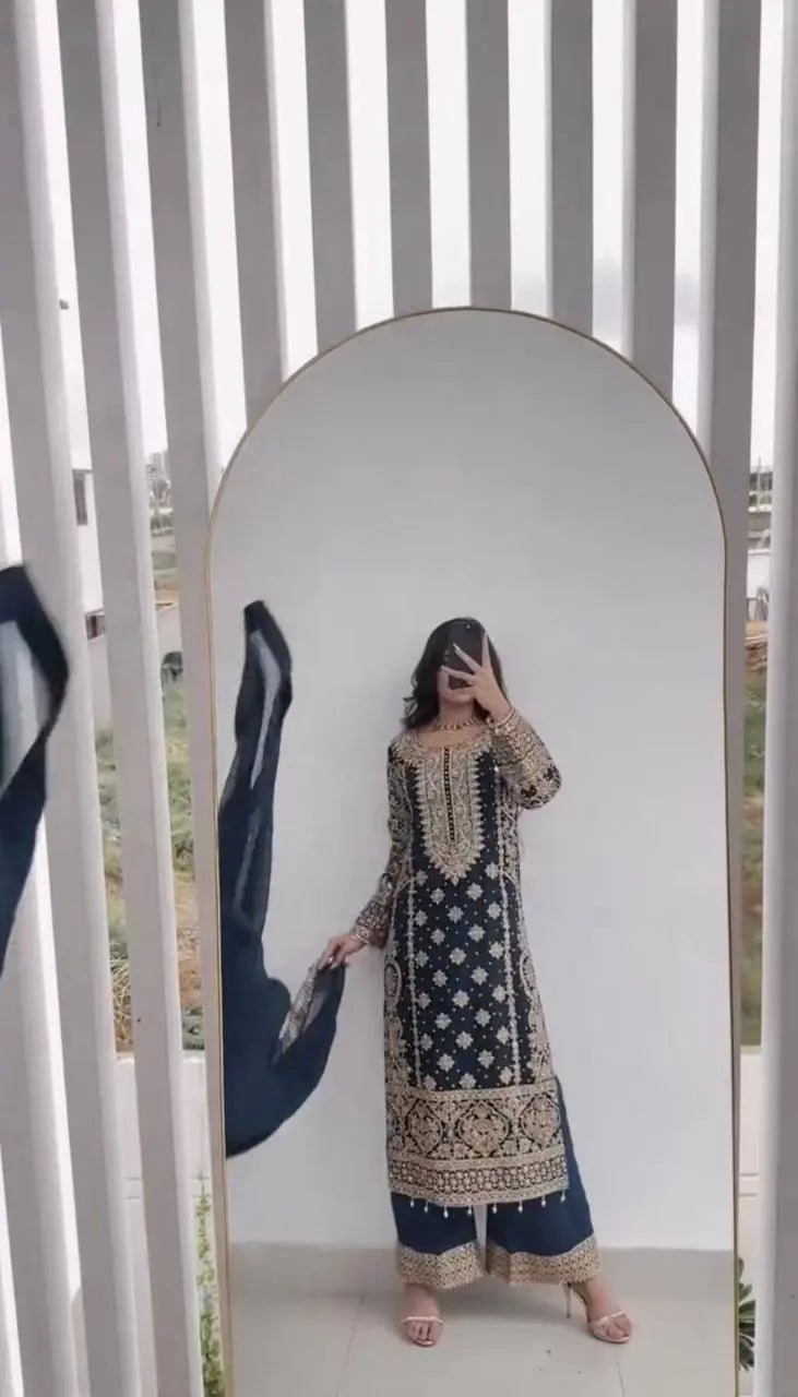 New Collection In Faux Georgette With Heavy Embroidery Sequence Work Top-Bottom And Dupatta Set NextBuy