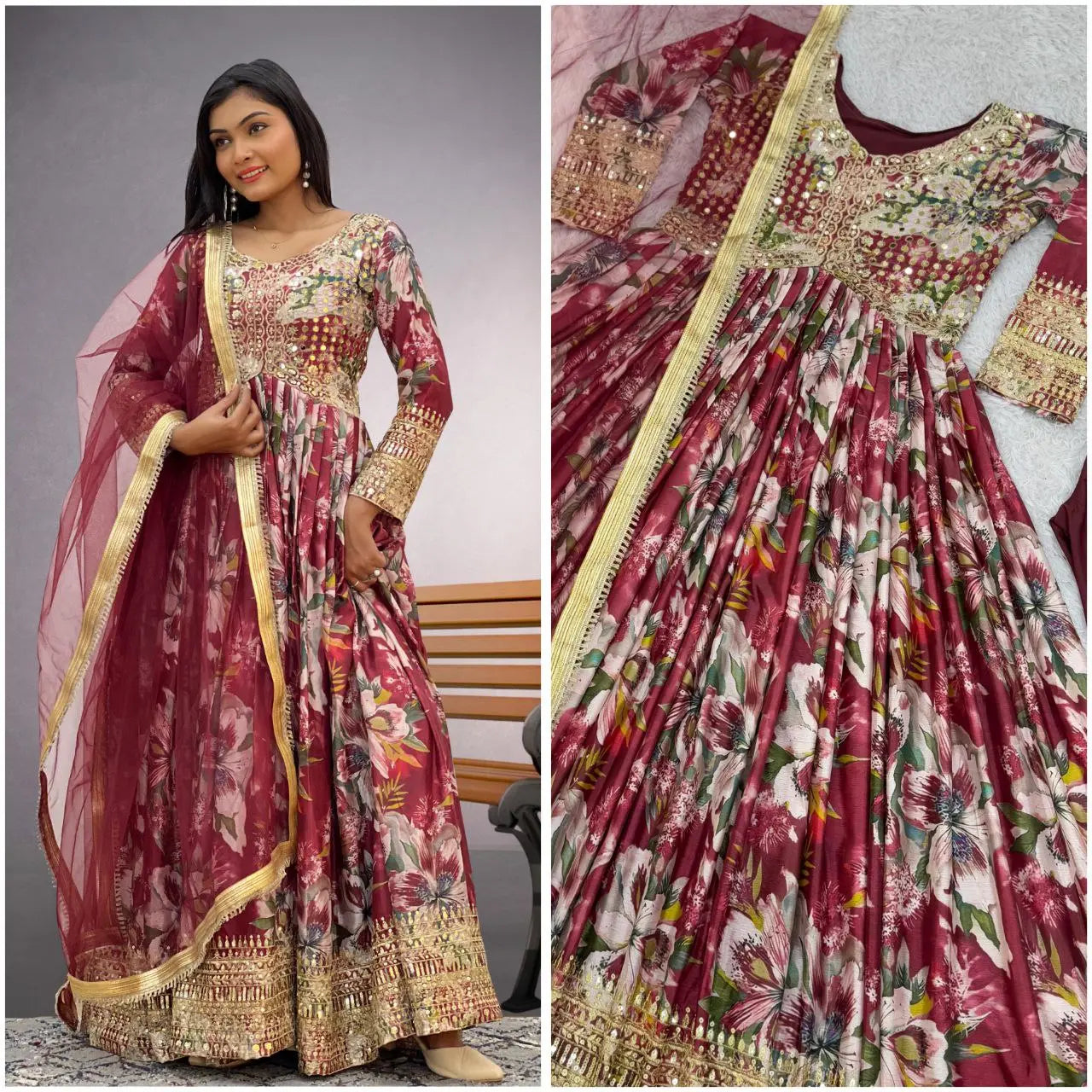 Elegant 3-Piece Gown Set with Dupatta & Bottom - Premium Chinon Silk with Embroidery Work NextBuy