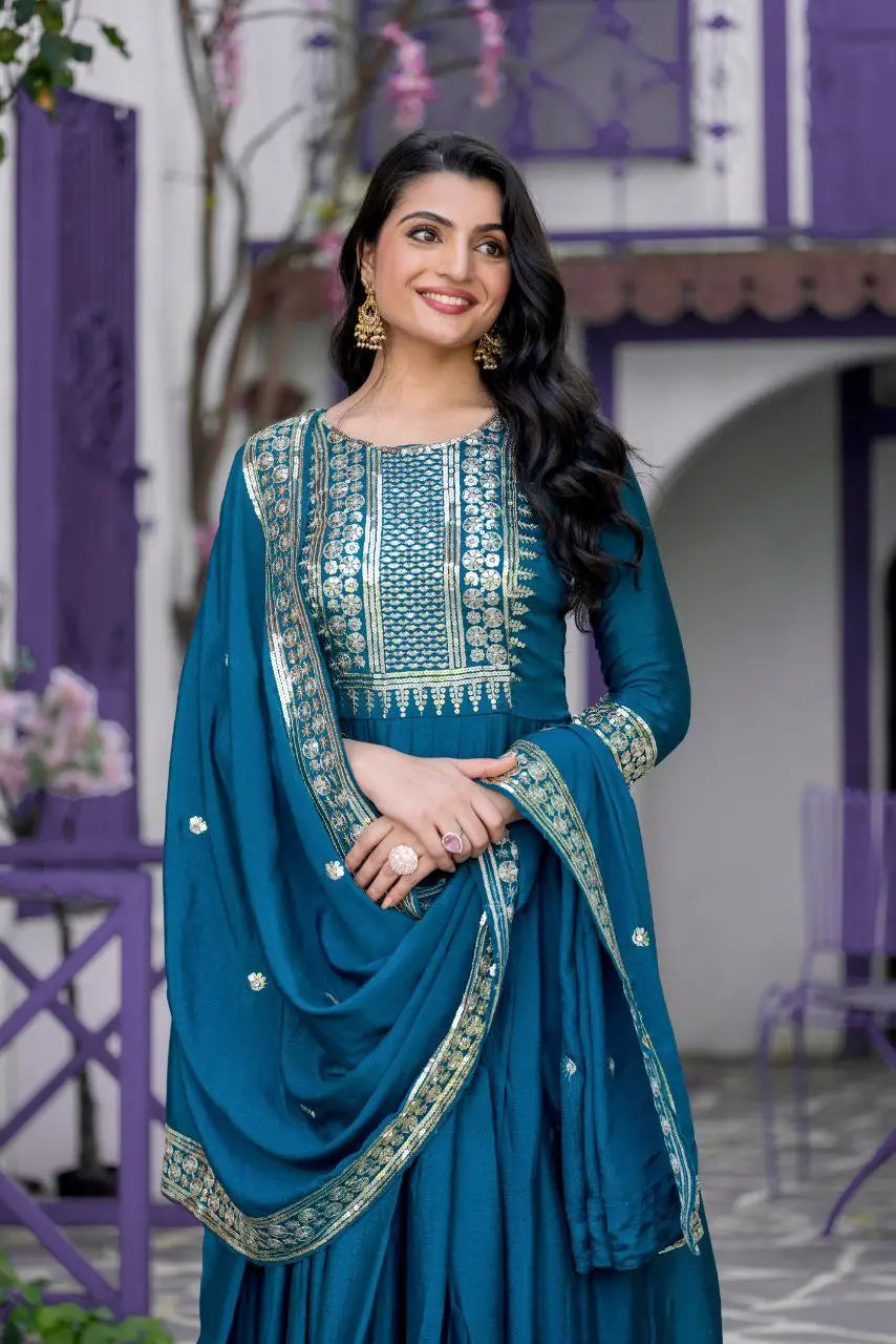 Elegant Chinon Silk Party Wear Gown with Full Sleeves and Dupatta