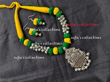 Handmade Yellow Green Wool Thread Necklace with Oxidized Silver Pendant & Earrings