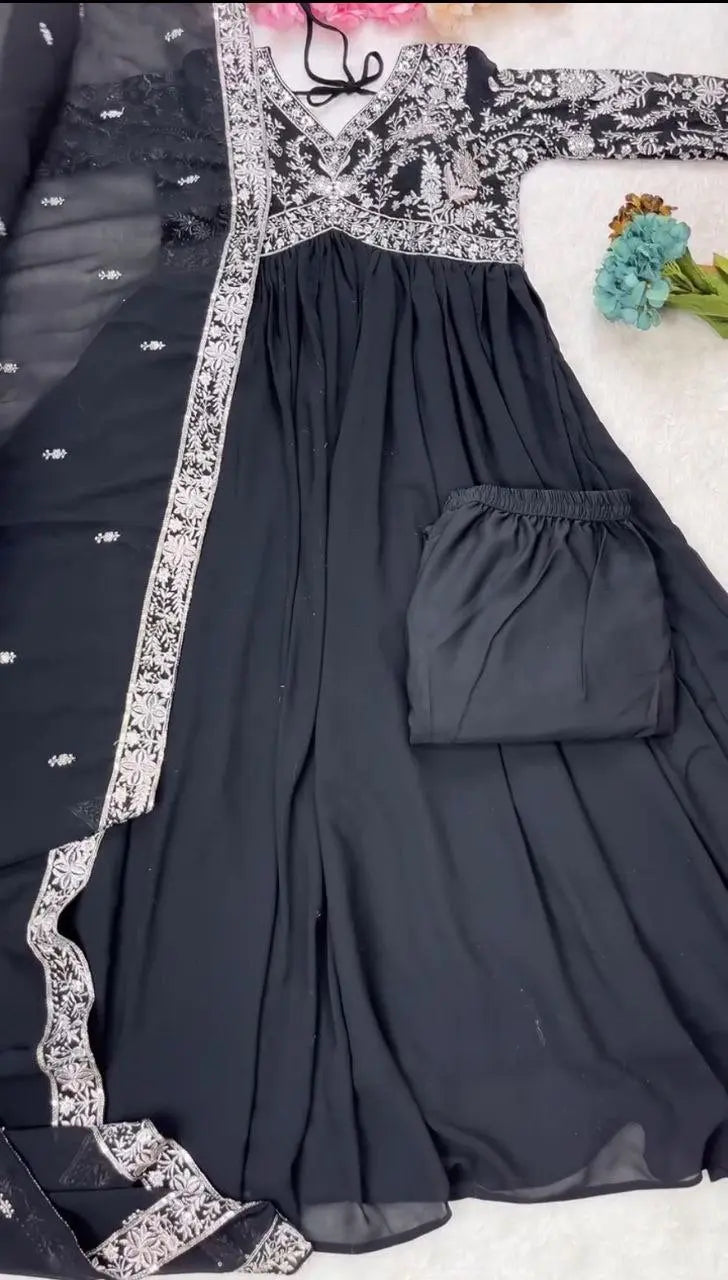 Black Embroidery Gown With Dupatta And Pant NextBuy