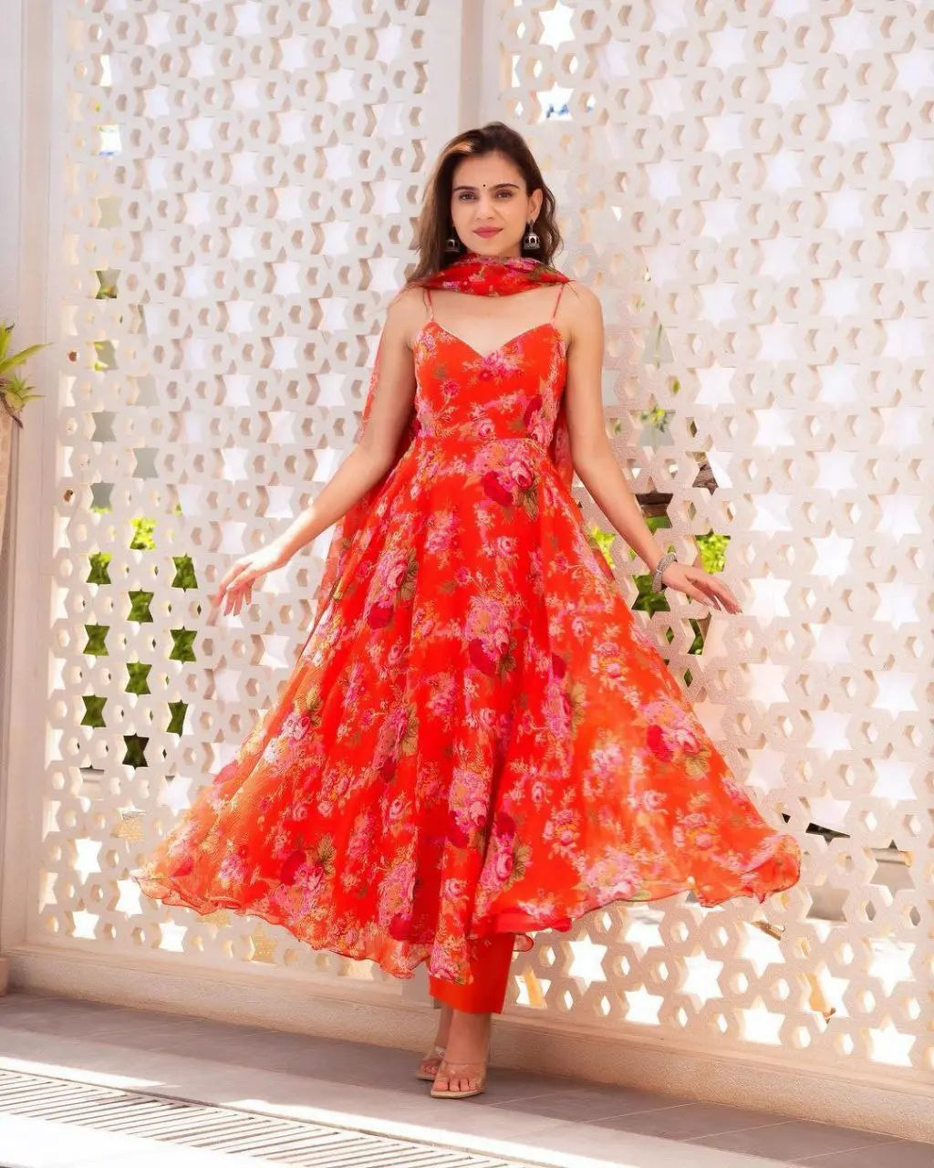 Women Orange Floral Printed Kurta with Trousers & With Dupatta NextBuy