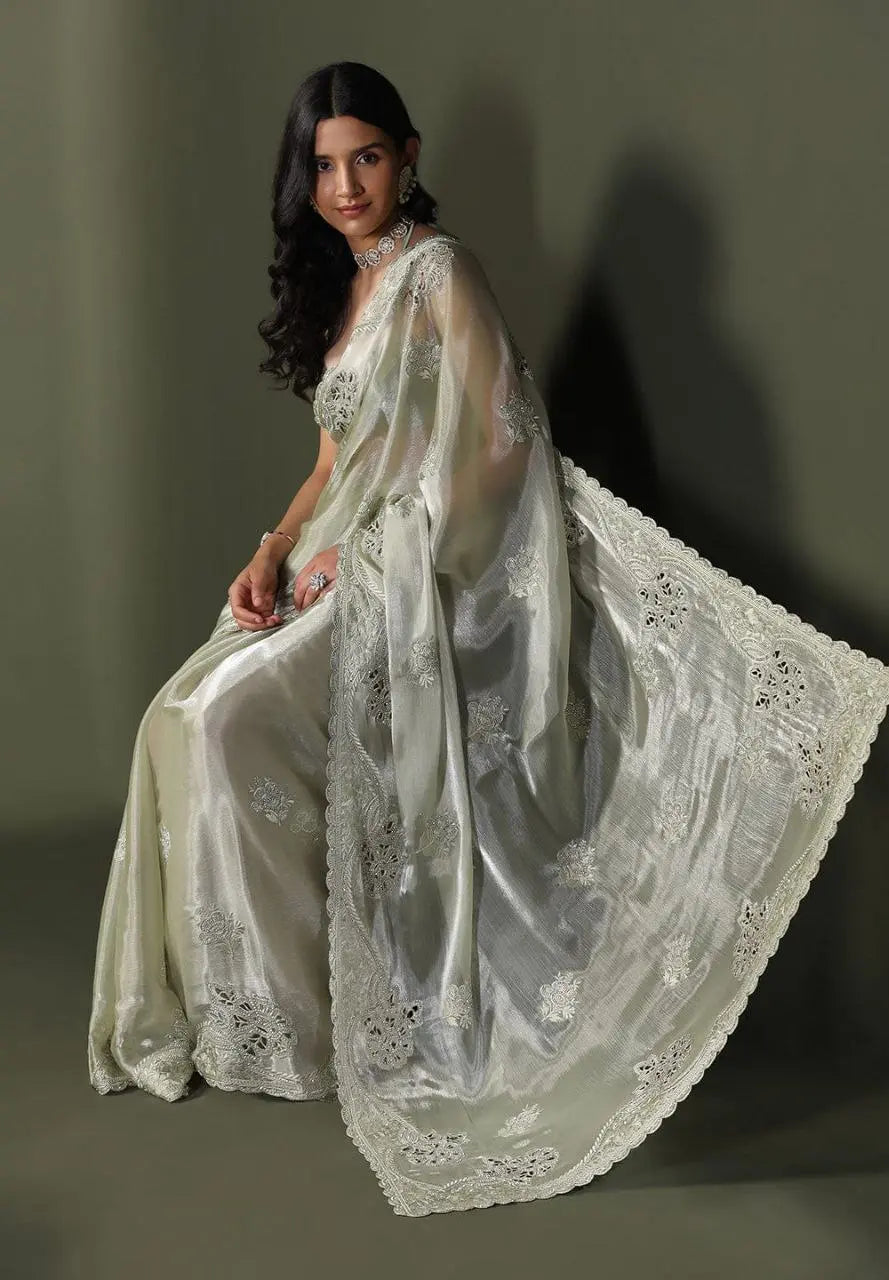 Burberry Silk Saree With Embroidery Cutwork and Stone Work Indian Party Saree NextBuy