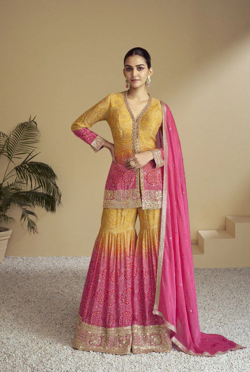 Haldi Wear Shaded Silk Bandhej Indian Fashion Stitched Gharara Suit NextBuy