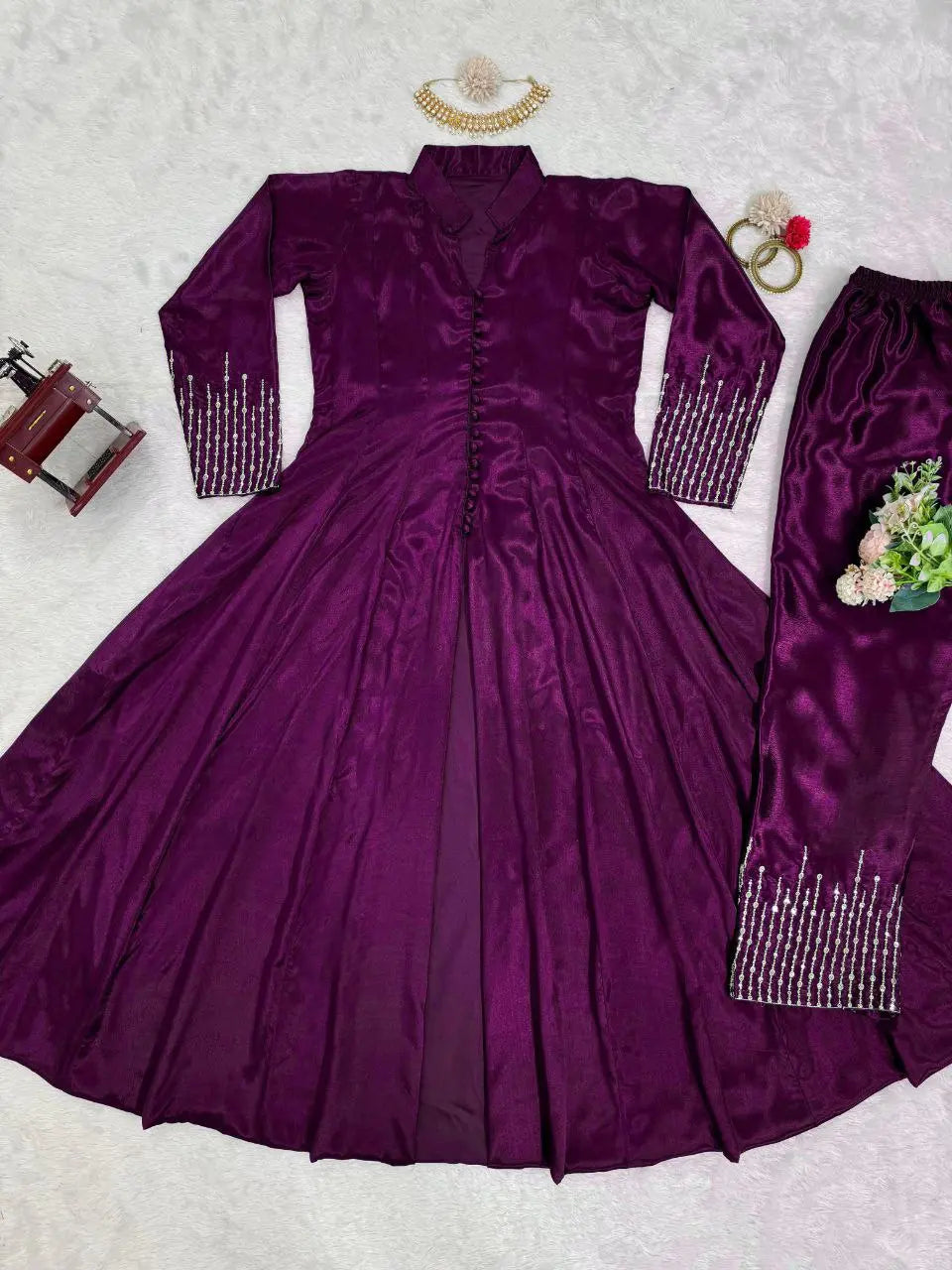 Premium Designer Chinon Silk Top & Pant Set with Thread & Sequence Work NextBuy
