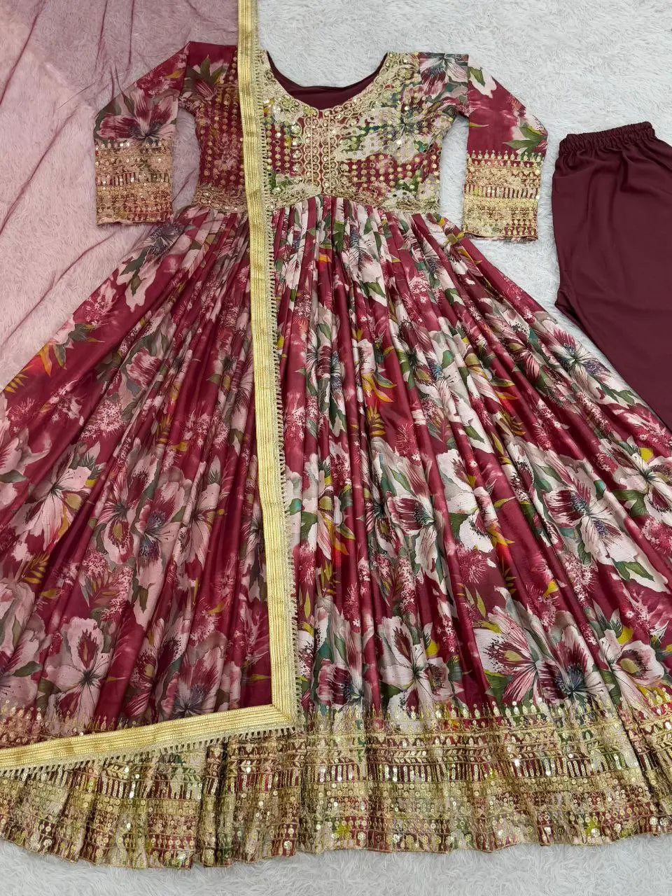 Elegant 3-Piece Gown Set with Dupatta & Bottom - Premium Chinon Silk with Embroidery Work NextBuy