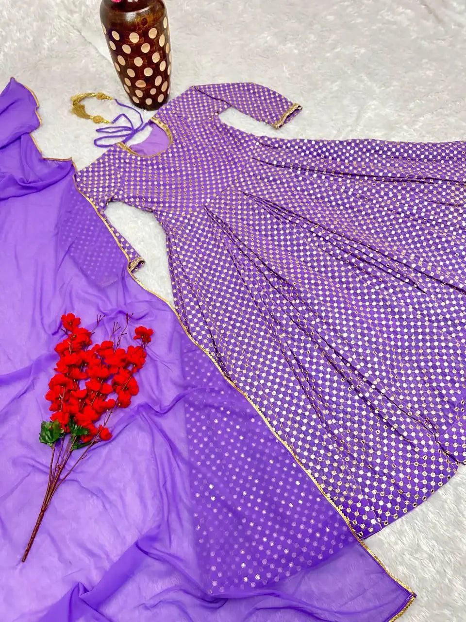 Exclusive Fox Georgette Anarkali Suit with 9MM Sequins Work and Lace Sleeves
