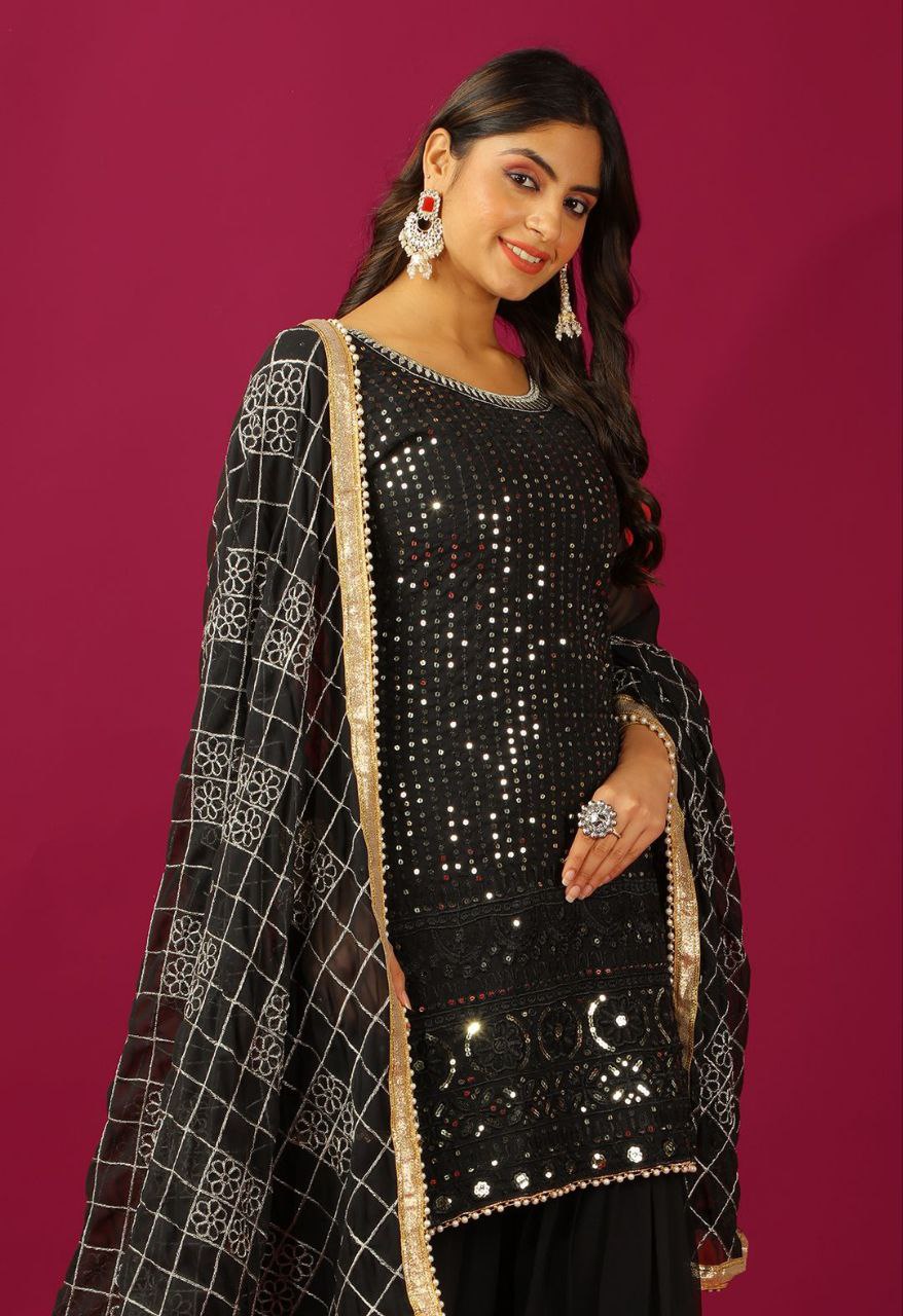 Designer Faux Georgette Embroidered Plazzo Suit – Party Wear Ethnic Set for Women NextBuy