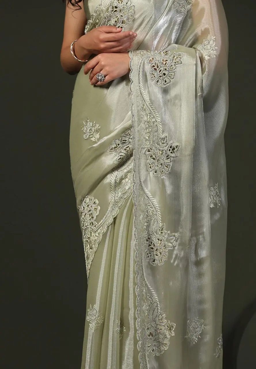Burberry Silk Saree With Embroidery Cutwork and Stone Work Indian Party Saree NextBuy