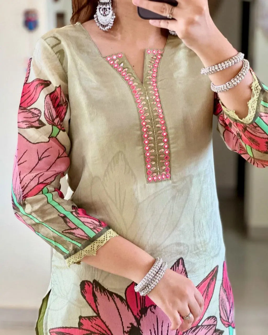 Women Floral Straight Mirror Worked Kurta Pants Set with Dupatta NextBuy