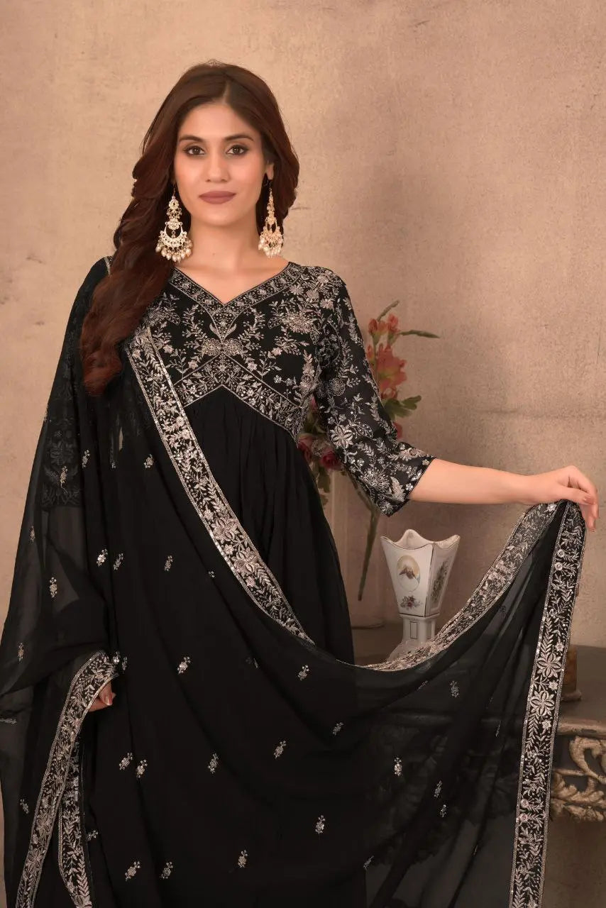 Black Embroidery Gown With Dupatta And Pant NextBuy