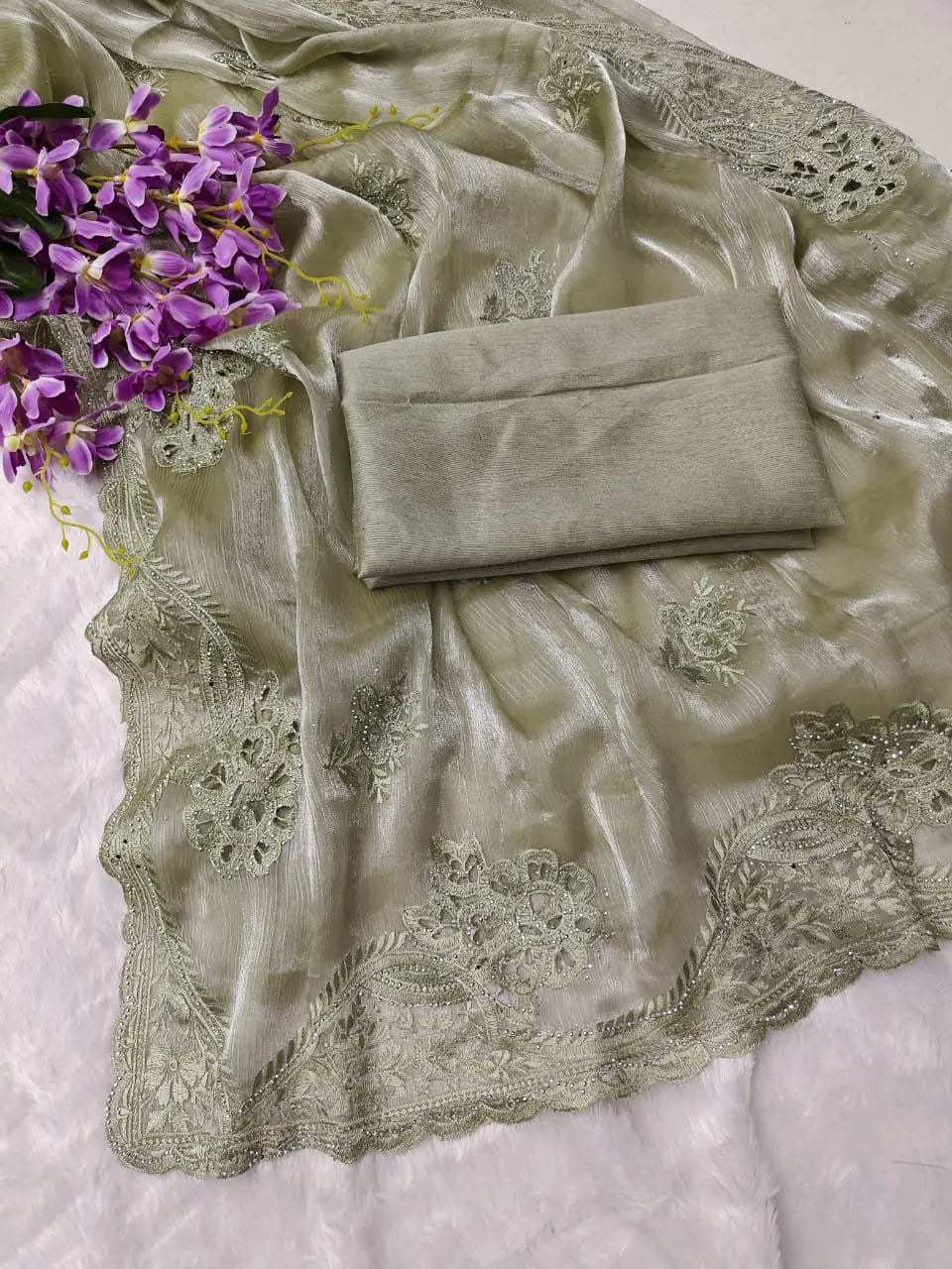 Burberry Silk Saree With Embroidery Cutwork and Stone Work Indian Party Saree NextBuy