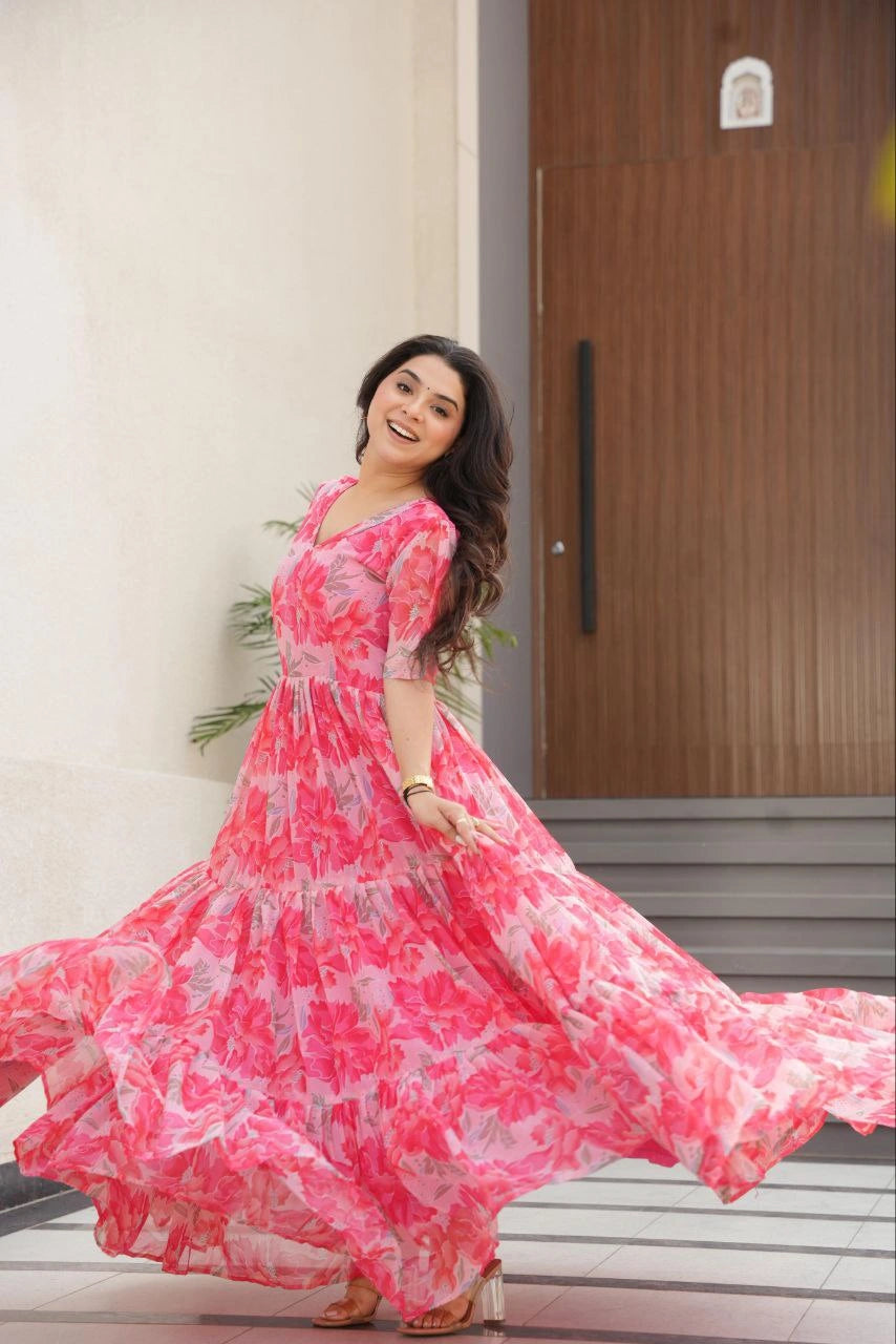 Pink faux georgette gown with cotton lining