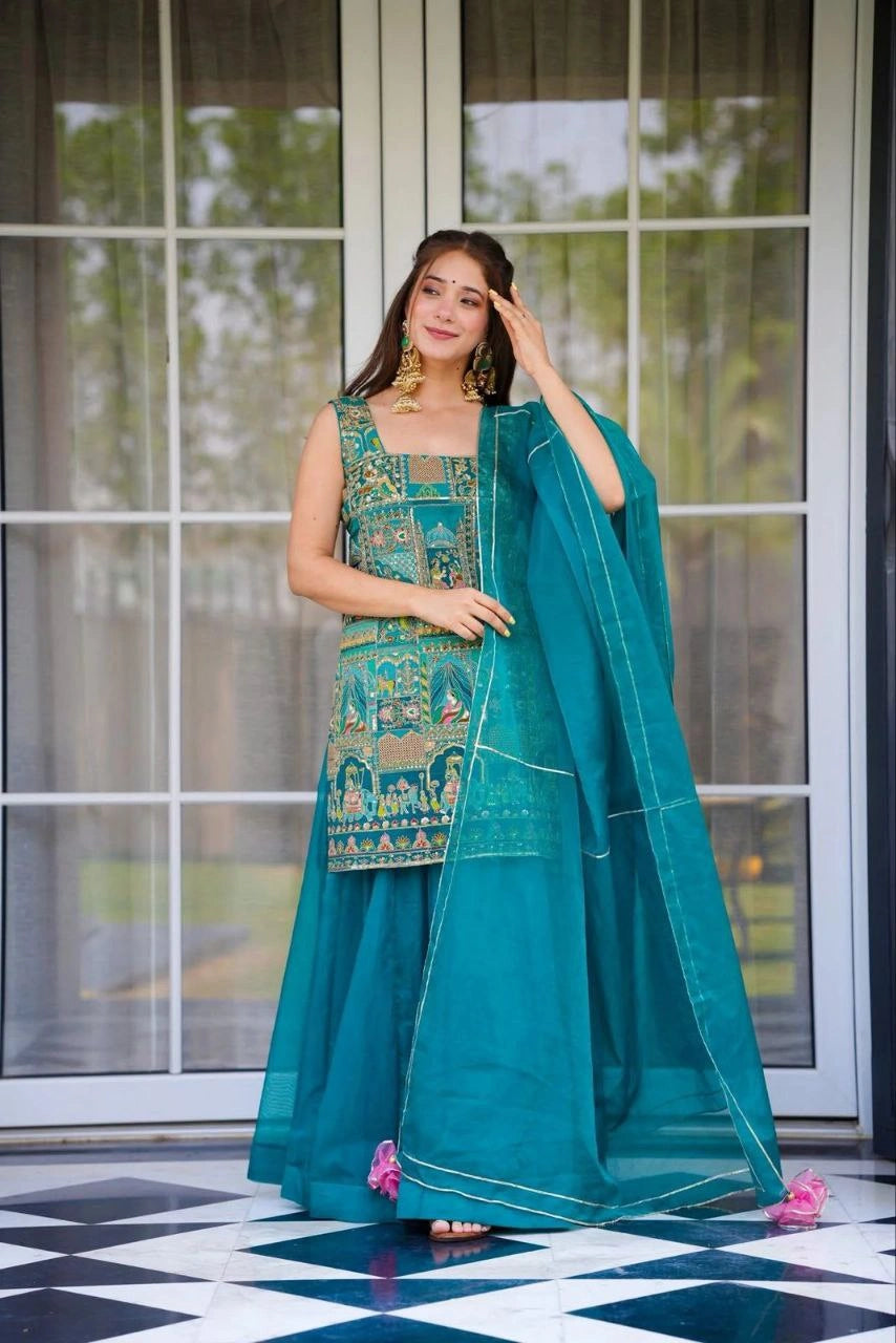 organza kurta set with plazo and dupatta