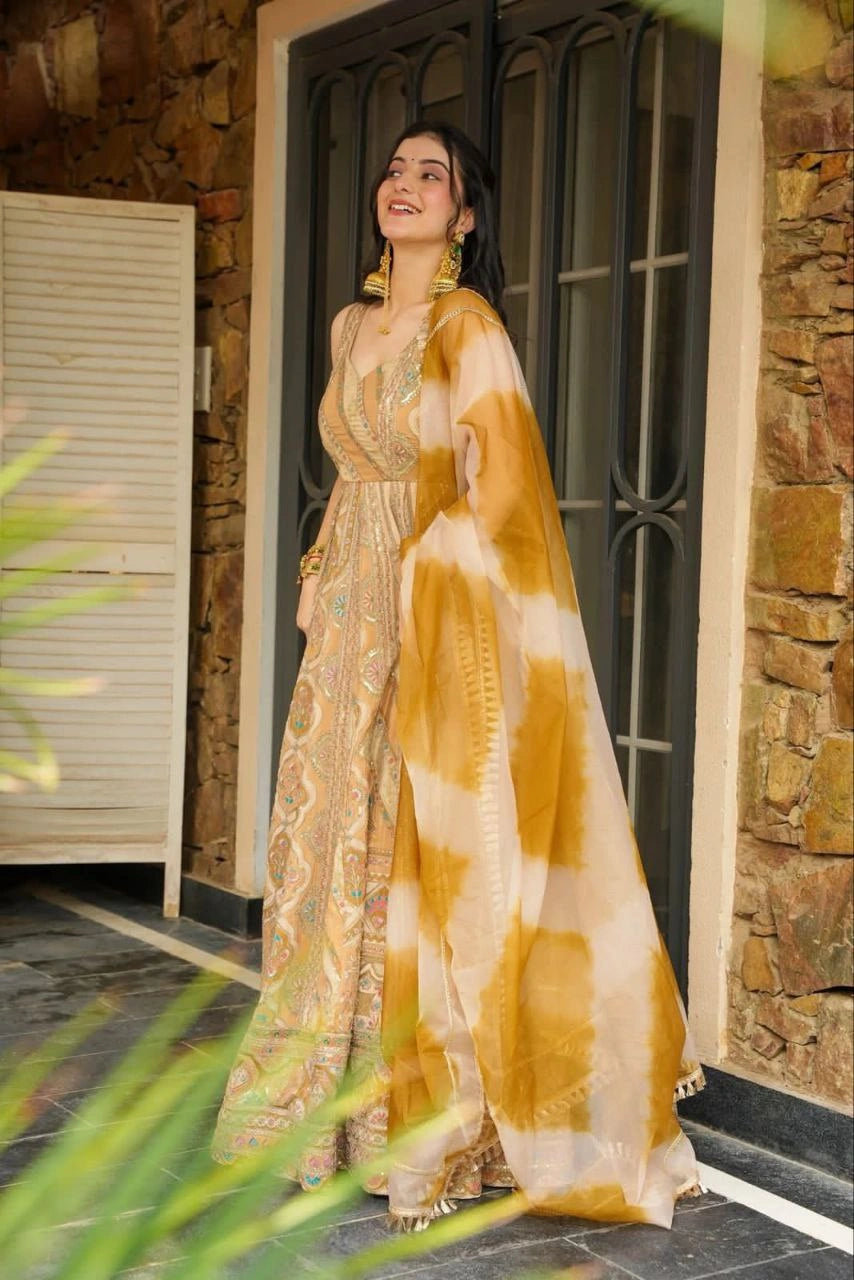 Stitched padded Anarkali gown with dupatta