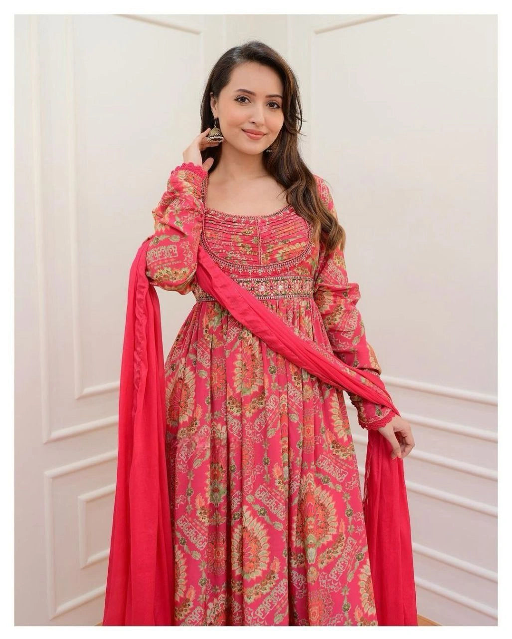 Printed pant paired with multicoloured georgette Anarkali gown