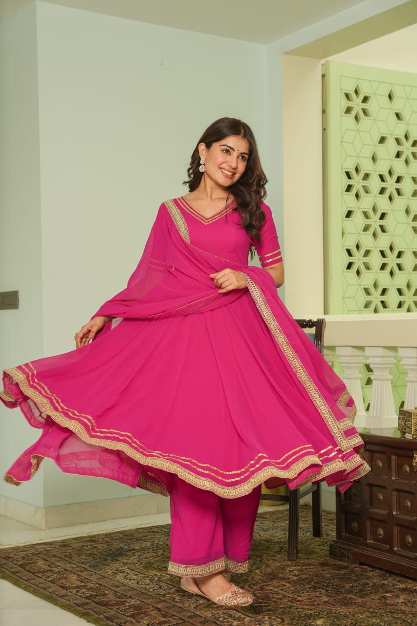 Elegant Pure Georgette Embroidered Gown with Plazo & Dupatta – Wedding & Festive Wear